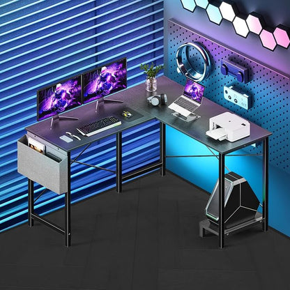 L Shaped Desk Gaming Computer 50 Inch Corner Desks Work Table for Writing Study Student with Wood Tabletop Metal Frame CPU Stand Side Bag for Home Office Small Place, Black
