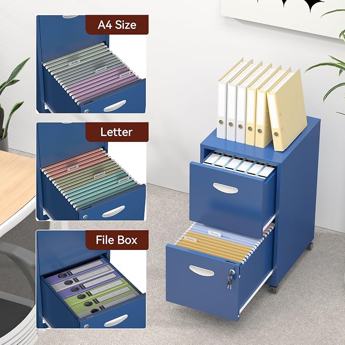 2 Drawer Mobile File Cabinet with Lock, Blue Metal Filing Cabinets with Wheels, Vertical Rolling File Cabinet Fit Hanging Files, Letter and A4 Documents