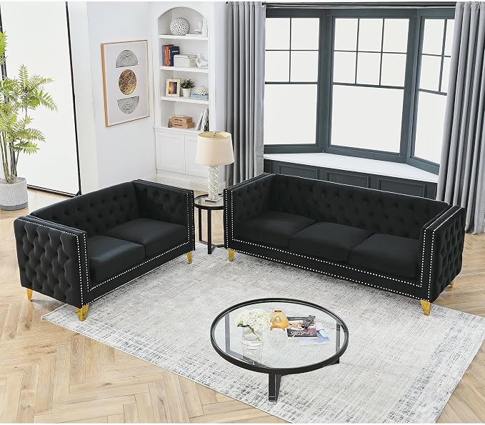 mikibama 2PC Velvet Sofa Couch Set for Living Room,Button Tufted 3 Seater Sofa and 2 Seater Loveseat Couch,Modern Upholstered Sofas with Nailhead Trims,Golden Metal Legs for Bedroom