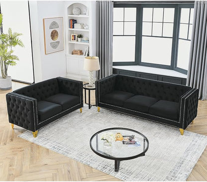 mikibama 2PC Velvet Sofa Couch Set for Living Room,Button Tufted 3 Seater Sofa and 2 Seater Loveseat Couch,Modern Upholstered Sofas with Nailhead Trims,Golden Metal Legs for Bedroom