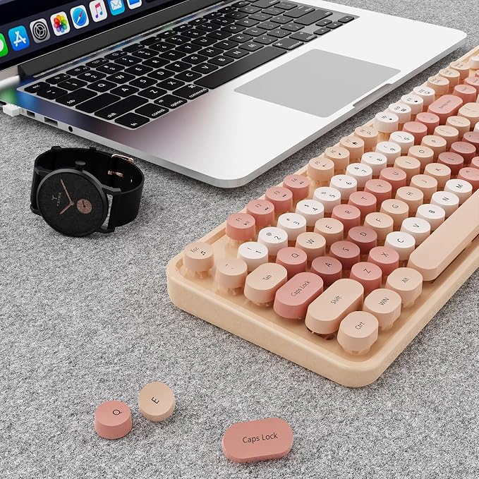 Wireless Keyboard and Mouse Combo, Ergonomic Full Size Typewriter Retro Round Keycaps Keyboard, Compatible with Windows, PC, Perfer for Home and Office Keyboards (Chocolate Color)