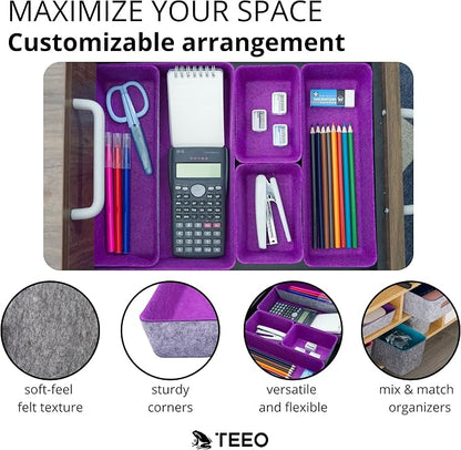 Teeo - Drawer Organizer Tray - Bathroom Drawer Storage - Purple Office Supplies Desk Accessories - Drawer Makeup Organizer - Home Office Cosmetic Bins Dividers Box Compartment - Pack of 7, Purple