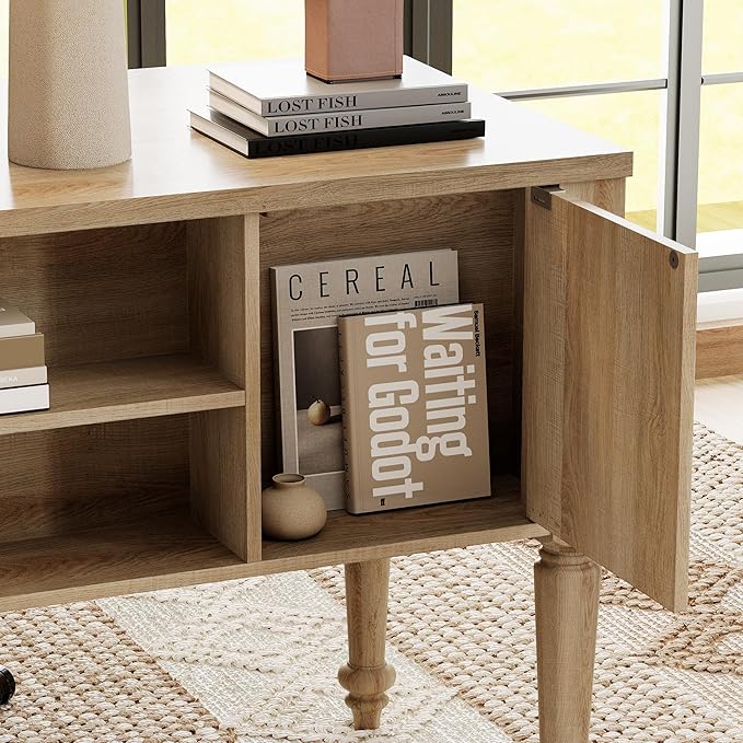 WAMPAT Home Office Furniture Set, 56'' Executive Desk with Charging Station, 2-in-1 Cabinet with 4 Doors and 2 Drawers, Wood Computer Desk with File Cabinet Storage, Open Shelf, Oak