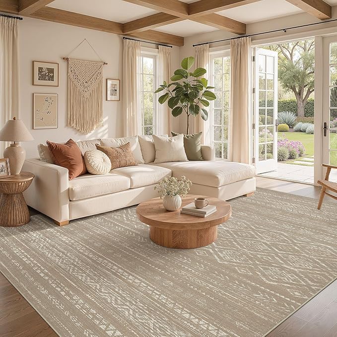 Nakagishi Area Rug Living Room Rugs: 8x10 Large Soft Machine Washable Boho Moroccan FarmNeutral Stain Resistant Indoor Floor Carpet for Bedroom Under Dining Table Home Office Decor-Dark Brown