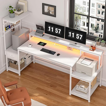 DurayLoly 63" Computer Desk with LED Lights & Outlets,Office Desk with Drawers & Monitor Stand,Gaming Desk with 3 Storage Shelves, Hooks& Printer Space for Game&Study Room,Home Office,Bedroom,White