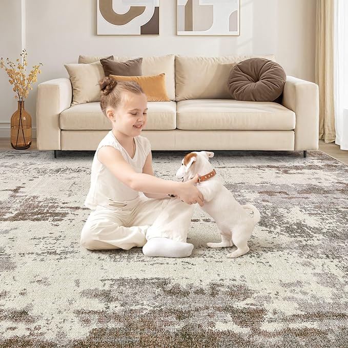 UERMEI 10x14 Washable Area Rug - Neutral Modern Abstract Living Room Rugs, Non-Slip Soft Large Indoor Floor Carpet for Bedroom Home Office & Under Dining Table Decor, Brown/Grey/Beige