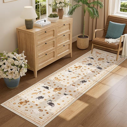 DUKINO 2.6x8 Washable Runner Rug for Hallway, Non Slip Animal Dog Kitchen Rug with Low Pile Design, Soft Stain Resistant Indoor Carpert Runner for Entryway, Bedroom, Laundry, Bathroom, Beige Yellow