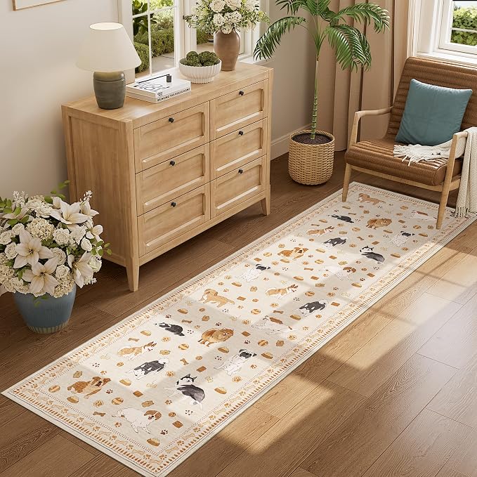 DUKINO 2x10 Runner Rug for Hallway, Washable Animal Dog Print Kitchen Rug with Low Pile, Soft Non Slip Indoor Non Shedding Long Carpet Runner for Entryway, Bedroom, Bathroom, Laundry, Beige Yellow