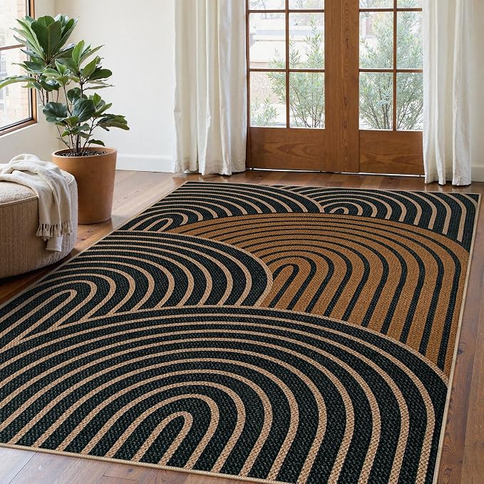 Lahome Enfys Modern Rainbow Easy Jute Carpet, Washable Rugs 5x7 for Living Room Black Farmhouse Dining Room Rug, Contemporary Natural Throw Mat Non Slip Floor Carpet for Office RV Patio