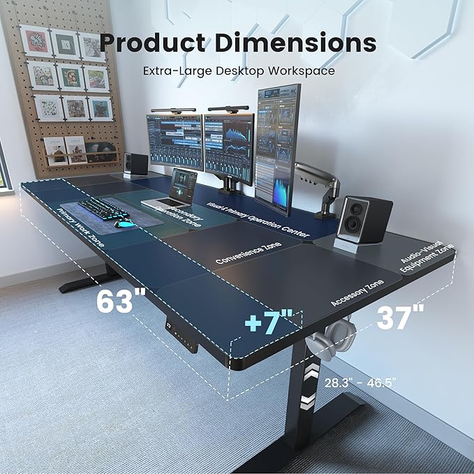 FEZIBO 63 x 37 Inch Electric Standing Desk with Integrated Dual-Beam & Cable Management, Memory Height Adjustable Computer Desk for Home Office Workstation, 1" Thick Large 3-Piece Tabletop Black