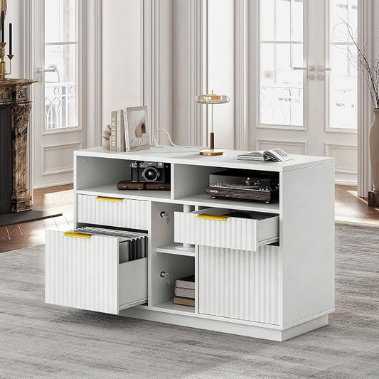 4 Drawer File Cabinet, Fluted Wood Lateral Filing Cabinet with Lock and Charging Station for Home Office, Printer Stand with Open Storage Shelves, Fits A4, Letter Size Files, White