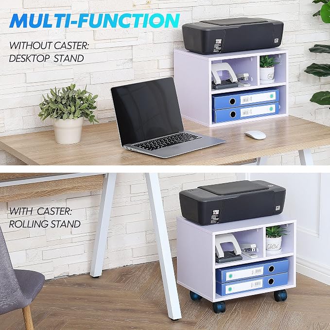 FITUEYES Under Desk Printer Stand with 3 Storage Organizer Compartments, White Mobile Small Printer Table Work Cart on Removable Casters for Home Office, 15.7 in. W x 11.8 in. D x 13.8 in. H