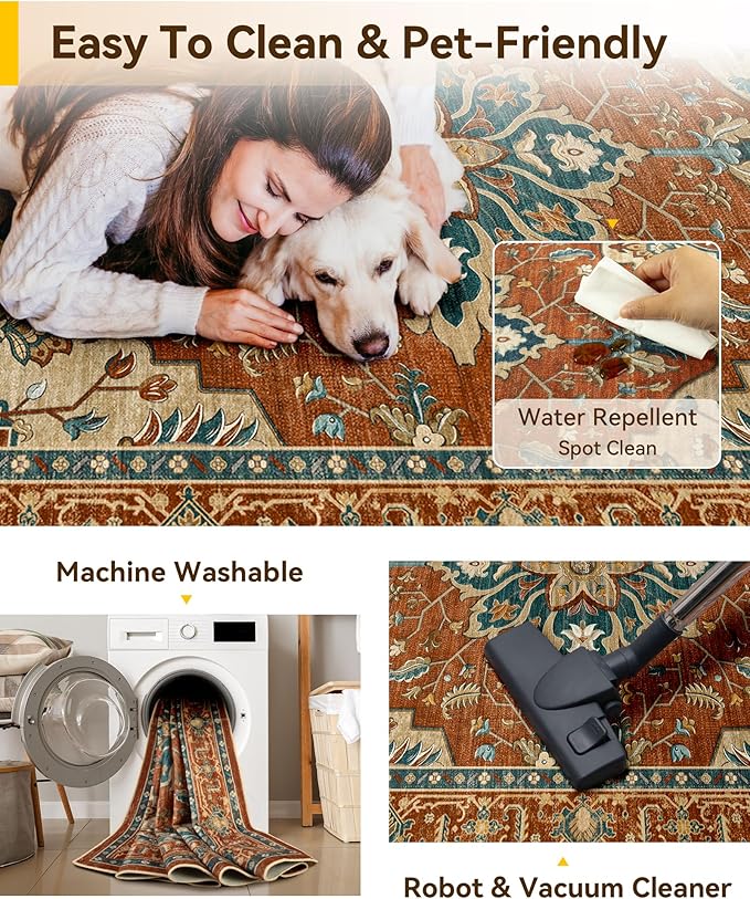 RELEANY Area Rugs Small 2'6"x4' Washable Non-Slip, Floral Vintage Distress Medallion Carpet for Kitchen Entryway Bathroom, Red Orange Blue Brown