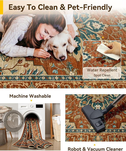 RELEANY Area Rugs 4'x6' Washable Non-Slip, Floral Vintage Distress Medallion Carpet for Living Room Bedroom Dining Room, Red Orange Blue Brown