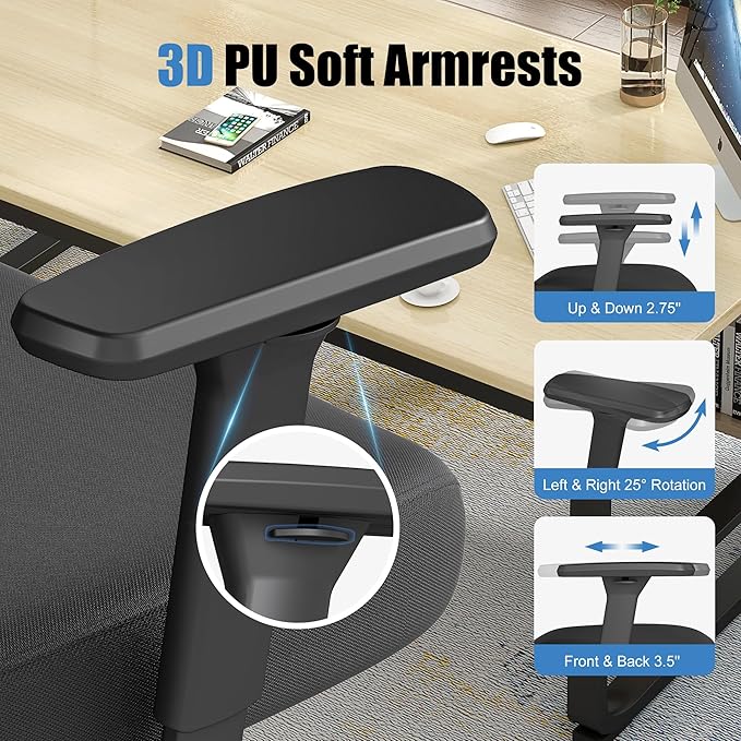 Ergonomic Office Chair with Adjustable Lumbar Support, 3D Arms and Headrest, High Back Wide Desk Computer Chair with Wheels, for Home & Office, Black