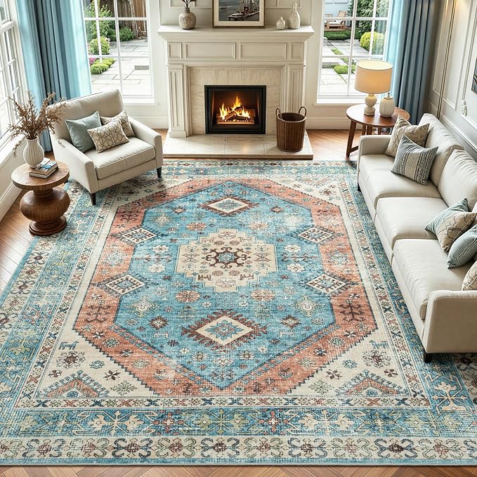 Lofus Vintage Living Room Rugs 8x10, Soft Machine Washable Area Rug for Bedroom Indoor Floor Home Office House Decor, Oriental Traditional Distressed Farmhouse Carpet, Boho Terracotta and Blue