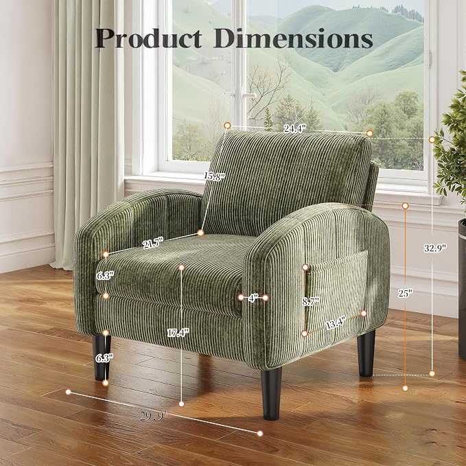 Homkdom Accent Chairs Set of 2,Mid Century Modern Reading Chair with 2 Side Pockets,Upholstered Armchair for Living Room Apartment,Small Room,Green