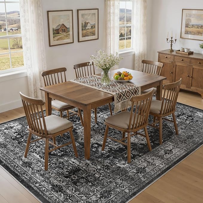 UERMEI 5x7 Area Rug Living Room Rugs - Washable Vintage Soft Large Rug Indoor Floor No Slip Rug Carpet for Bedroom Farmhouse Under Dining Table Home Office Decor - Black