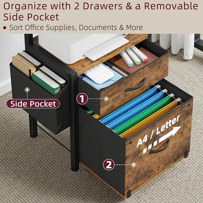 HIGDBFE 2-Drawer File Cabinet with Printer Stand&Dual Shelves, Rustic Brown | 2-Tier Printer Storage, Letter File Drawer, Reversible Side Bag, Smooth Drawer Slides, Rolling Support Board