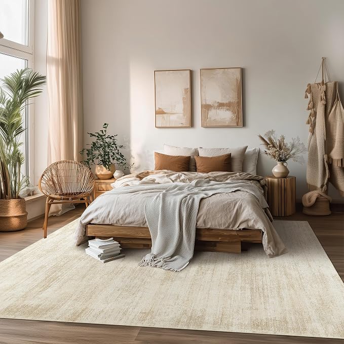 BILEEHOME 5x8 Area Rugs for Living Room, Neutral Abstract Modern Farmhouse Boho Rugs for Dining Room Bedroom, Tan Brown with Cream Beige