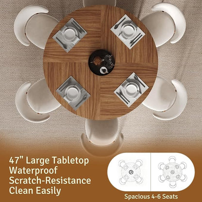 47 inch Round Dining Table for 4-6, Dinner Table with 2-Layer Storage Shelf, Morden Circle Kitchen Table with Wooden Strip Base and Wood Slide Door for Home Dining Room, Living Room, Chestnut