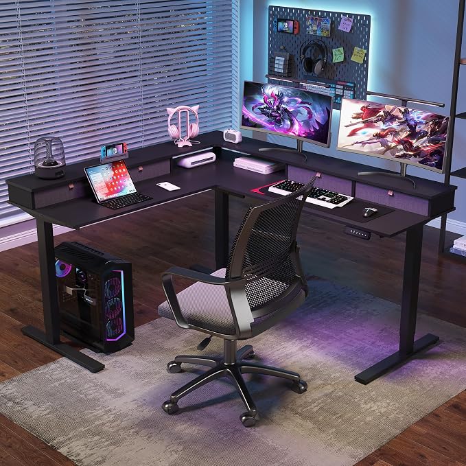 SANODESK 71" L Shaped Standing Desk with 4 Drawers, Height Adjustable Stand up Desk, Corner Gaming Desk with Monitor Stand, Black Frame/Black Top