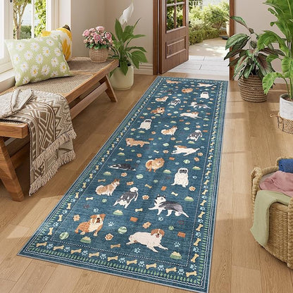 DUKINO 2.6x8 Washable Runner Rug for Hallway, Non Slip Animal Dog Kitchen Rug with Low Pile Design, Ultra Soft & Stain Resistant Indoor Carpert Runner for Entryway, Bedroom, Laundry, Bathroom, Blue