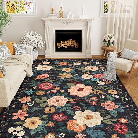 DUKINO 5x8 Area Rug for Living Room, Washable Lightweight Non Slip Floral Bedroom Rug with Non Shedding Design, Soft Low Pile Large Indoor Carpet for Dining Room, Kids Playroom, Nursery, Office, Black