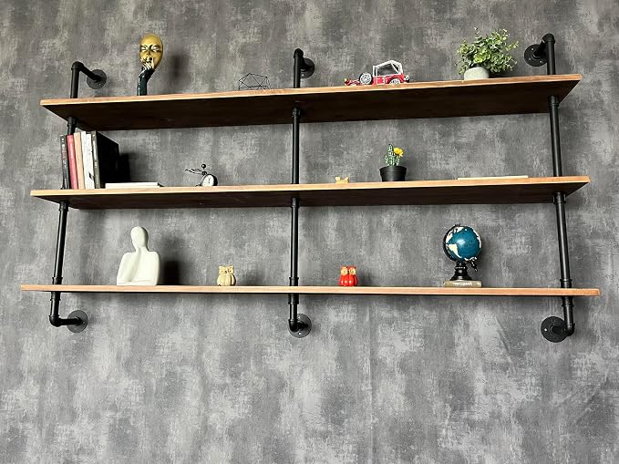 HDDFER Floating Shelves 70 inch Wall Bookshelf Industrial Pipe Shelving Shelves Real Wood Planks Rustic Wall Shelves Hanging Bookshelves Farmhouse Kitchen Bar Shelving