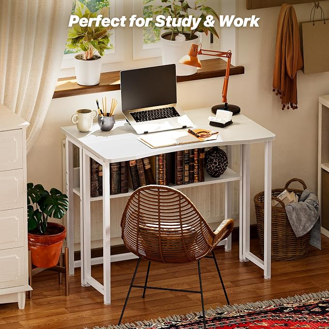 Huuger Folding Desk with Storage Shelf, 31.5 Inch Foldable Computer Table for Small Spaces, Space Saving Sofa Table for Couch, Writing Work Office Computer Desk, Easy to Fold, White