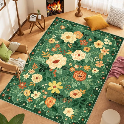 DUKINO 6x9 Area Rug, Floral Rugs for Living Room, Lightweight Non Slip Washable Rug, Indoor Low Pile & Non-Shedding Boho Design Rugs for Bedroom, Living Room, Dining Room, Dark Green
