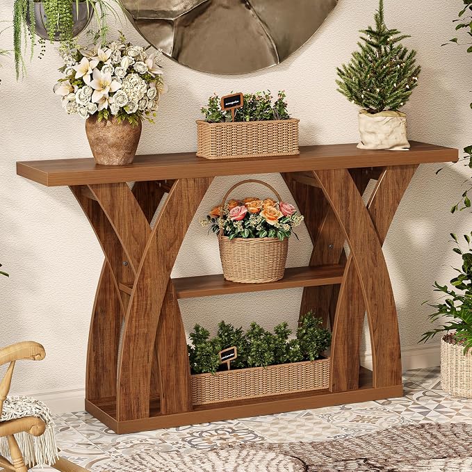 55 inch Farmhouse Entryway Table, Console Table with 3-Tier Storage, Rustic Striped Brown X-Shaped Narrow Entry Table for Behind Couch, Living Room, Hallway, Foyer