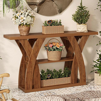 55 inch Farmhouse Entryway Table, Console Table with 3-Tier Storage, Rustic Striped Brown X-Shaped Narrow Entry Table for Behind Couch, Living Room, Hallway, Foyer