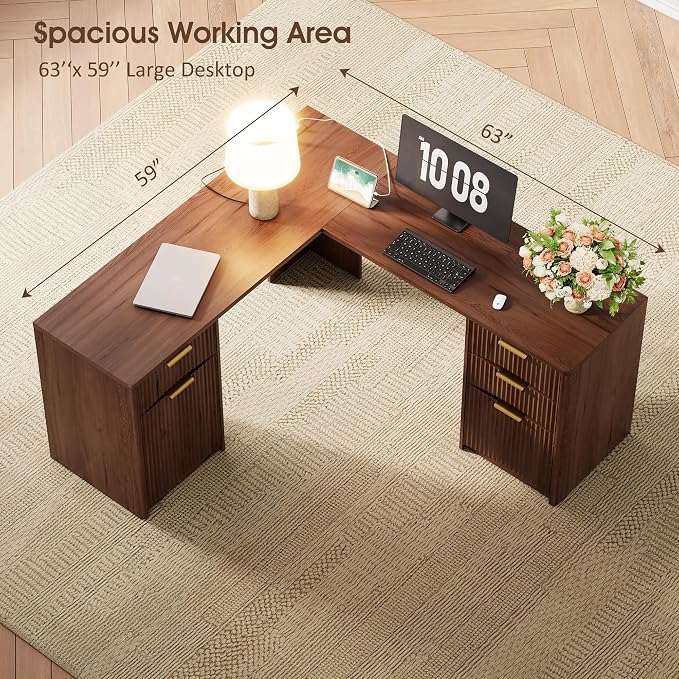 Whalefall 63'' Fluted L Shaped Desk with Drawers, Walnut | Corner Computer Desk with Charging Station, Modern Executive Home Office L Desk with File Cabinet Storage