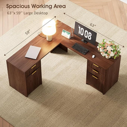 Whalefall 63'' Fluted L Shaped Desk with Drawers, Walnut | Corner Computer Desk with Charging Station, Modern Executive Home Office L Desk with File Cabinet Storage