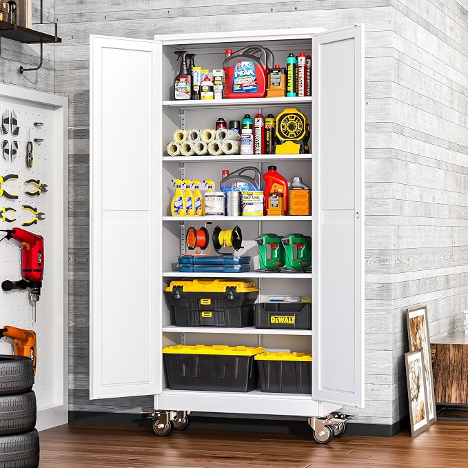 winiowa 75" Tall Metal Garage Storage Cabinet with Wheels, Steel Locking Rolling Tool Cabinet with 5 Adjustable Shelves for Garage,Home,Office (White)