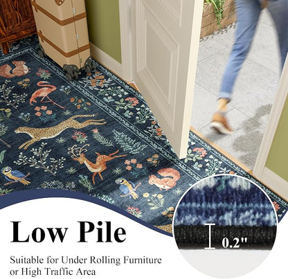 DUKINO 2x12 Washable Runner Rug, Ultra Soft Vintage Animal Runner Rug for Hallway, Lightweight Non Slip & Non Shedding Long Carpet for Kitchen, Laundry Room, Bathroom, Bedroom, Entrance, Navy Blue