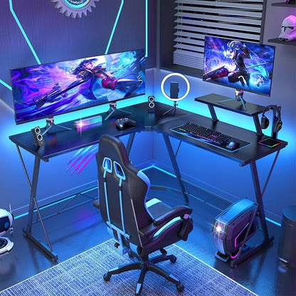 Mr IRONSTONE L Shaped Gaming Desk Corner Computer Desk, Home Office Desks Writing Workstation with Large Monitor Stand, Easy to Assemble (Black,51 Inch)