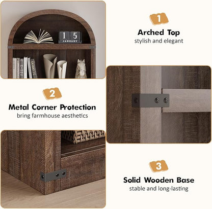 GarveeHome Bookcase 5 Shelf Arched Bookshelf 71.65in Tall Bookcase Farmhouse Display Storage Rack Wooden Bookshelves for Home Office, Living Room (Brown)