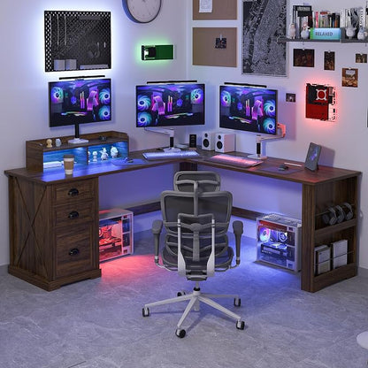 Lareth L Shaped Desk with Monitor Stand Farmhouse Computer Desk with LED Lights, Executive L Corner Desk with Power Outlets, Home Office Desk with Storage File Drawers for Home Working Gaming, Walnut