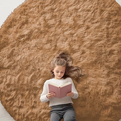 OLANLY Khaki Round Rugs for Bedroom - Machine Washable, 8 ft Circle Area Rugs for Living Room, Soft and Fluffy Shaggy Carpet for Teen Girl and Boys, Nursery Rooms, Dorms, Home Decor Aesthetic