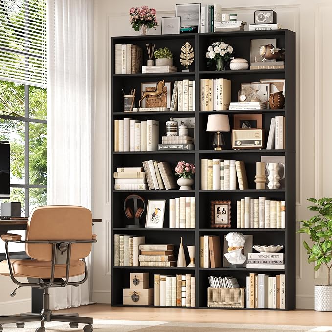 FACBOTALL 82" Tall Bookshelf Set of 2, 7-Tier Double Open Shelves Bookcase,Freestanding Display Storage Shelves, Tall Bookcase Home Decor Furniture for Home Office,Living Room,Bedroom, Black