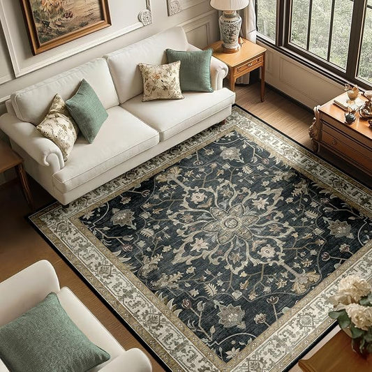 RELEANY Area Rugs Square 6ft Washable Non-Slip, Floral Vintage Distress Medallion Carpet for Living Room Bedroom Dining Room, Vintage Black Brown Neutral