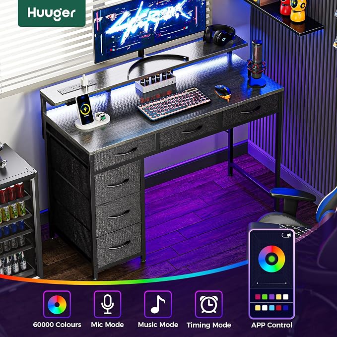 Huuger Gaming Desk with 6 Drawers, Computer Desk with LED Lights Power Outlets and Type-C, 39 Inch Office Desk with Storage, Monitor Stand, Writing & Work Desk for Home Office, Bedroom, Grey, 1CD100H