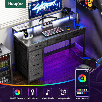 Huuger Gaming Desk with 6 Drawers, Computer Desk with LED Lights Power Outlets and Type-C, 39 Inch Office Desk with Storage, Monitor Stand, Writing & Work Desk for Home Office, Bedroom, Grey, 1CD100H
