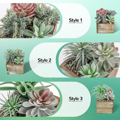 Der Rose Set of 3 Succulents Plants Artificial Fake Plants in Wood Pots with Pink Fake Flowers for Farmhouse Bathroom Desk Sheif Decor