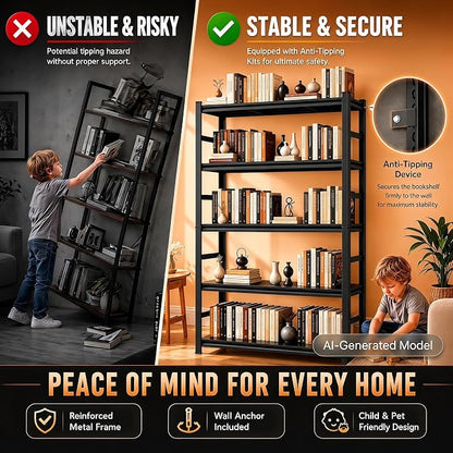 Bolt-Free Metal Bookshelf, Adjustable Tall Bookcase with Anti-Drop Fence, Heavy Duty Deep Book Shelf, Large Office Bookshelf, Modern Storage Shelves for Bedroom, LivingRoom, Garage