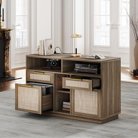 4 Drawer File Cabinet, Fluted Wood Lateral Filing Cabinet with Lock and Charging Station for Home Office, Printer Stand with Open Storage Shelves, Fits A4, Letter Size, Natural Oak
