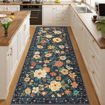 DUKINO 3x8 Runner Rug, Washable Rug for Kitchen with Non Slip Backing, Soft Non Shedding & Low Pile Design Long Floor Carpet Runner for Hallway, Bathroom, Entryway, Laundry, Navy Blue