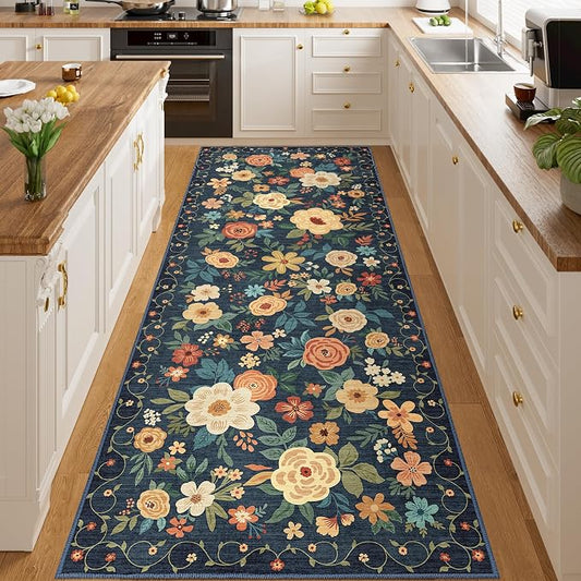 DUKINO 3x8 Runner Rug, Washable Rug for Kitchen with Non Slip Backing, Soft Non Shedding & Low Pile Design Long Floor Carpet Runner for Hallway, Bathroom, Entryway, Laundry, Navy Blue